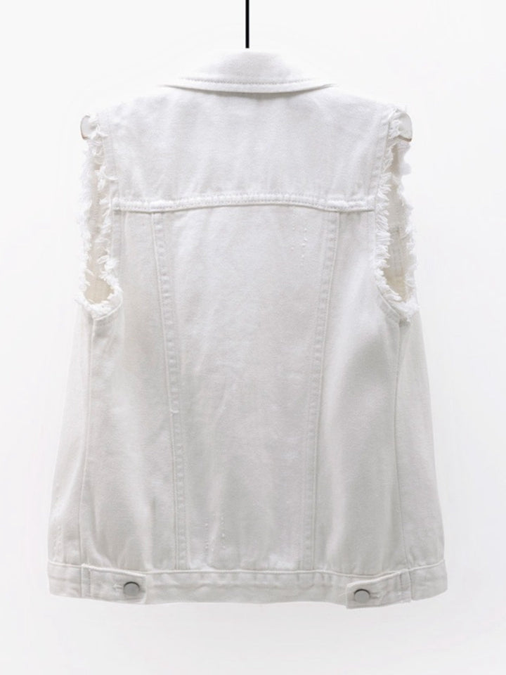 Full Size Button Down Raw Hem Sleeveless Denim Jacket Plus Size