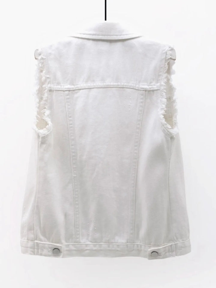 Full Size Button Down Raw Hem Sleeveless Denim Jacket Plus Size