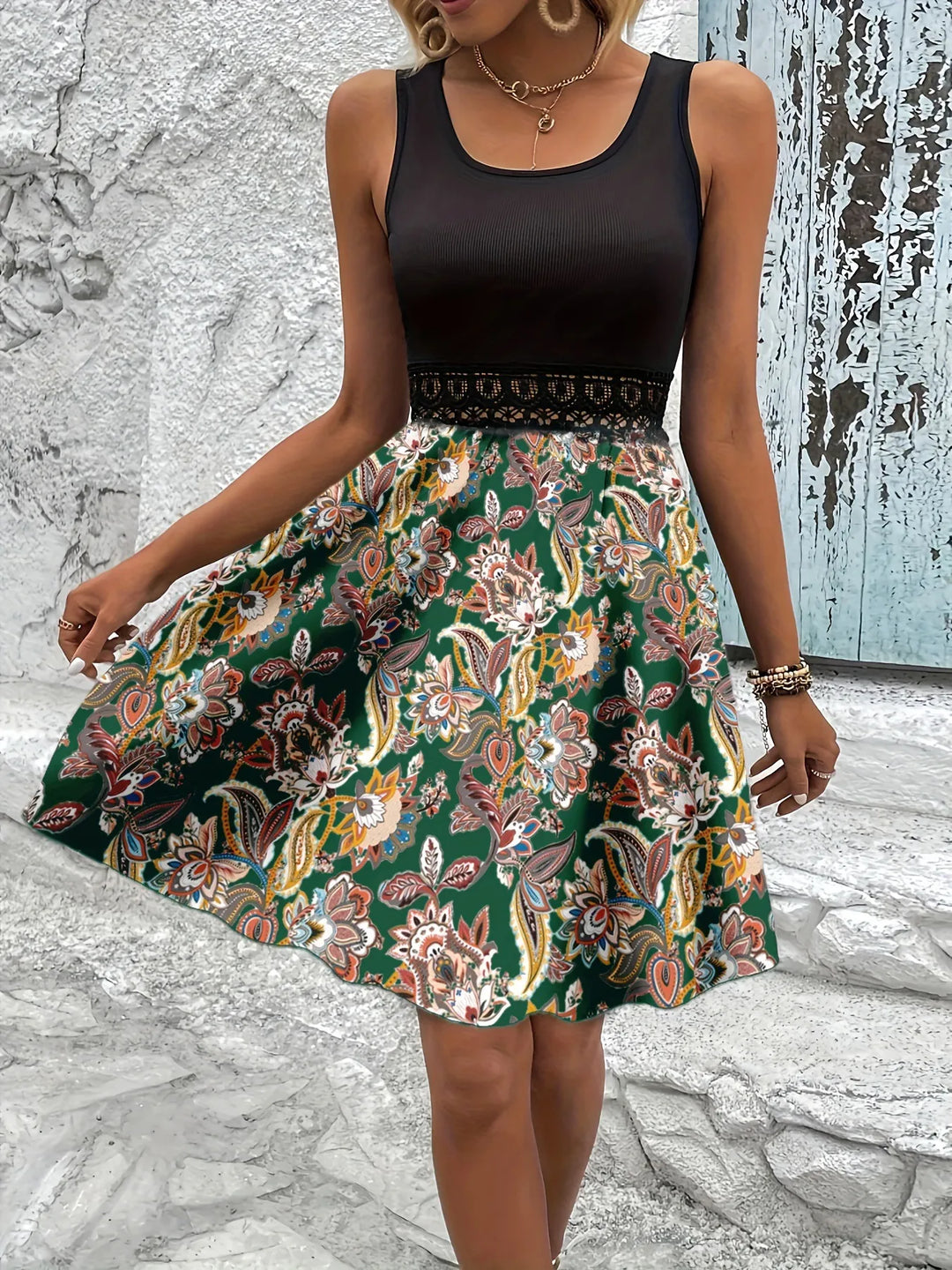 Printed A-Line Tank Dress with Lace Waist Detail