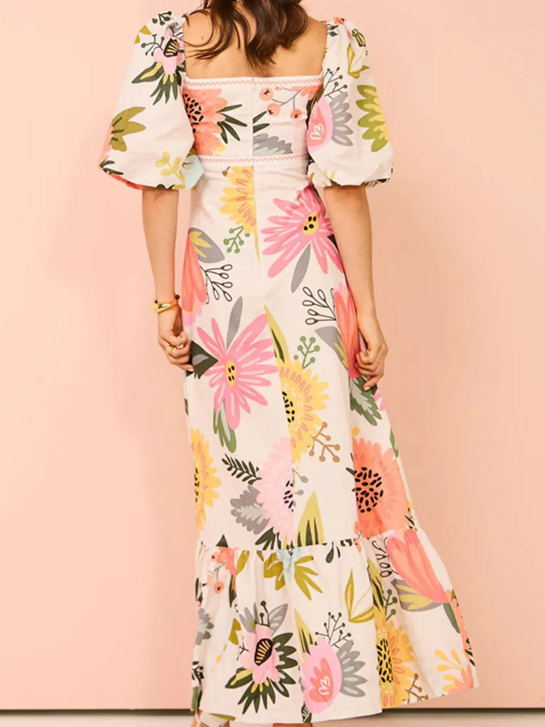 Floral Square Neck Puff Sleeve Maxi Dress with Ruffle Hem