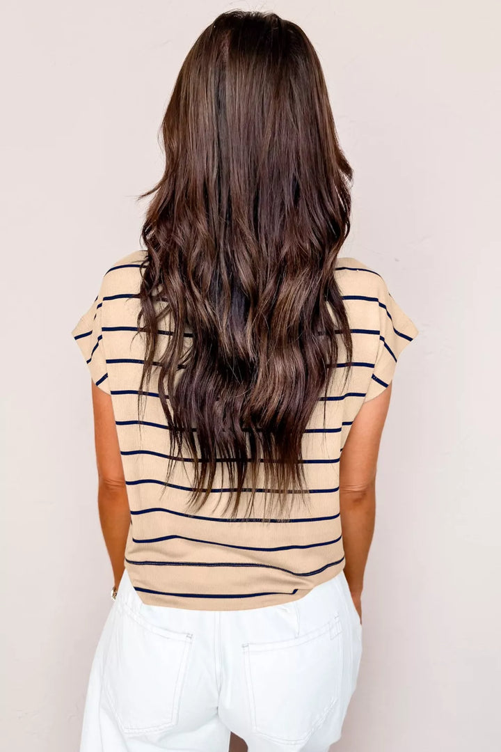 Stripe Mock Neck Short Sleeve Loose Top