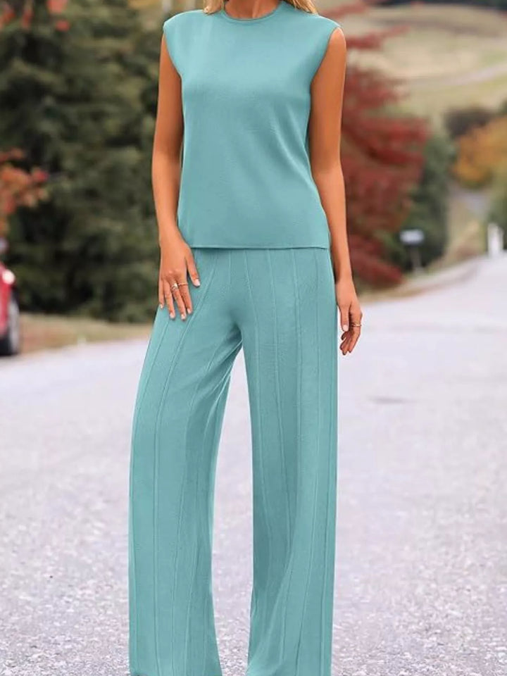 Casual Solid Color Cap Sleeve Top and Pants Knit Set