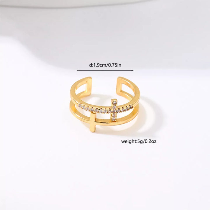 18K Gold-Plated Rhinestone Cross Open Ring