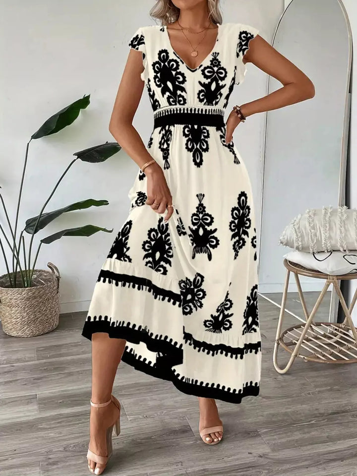 Printed V-Neck Ruffled Cap Sleeve Dress