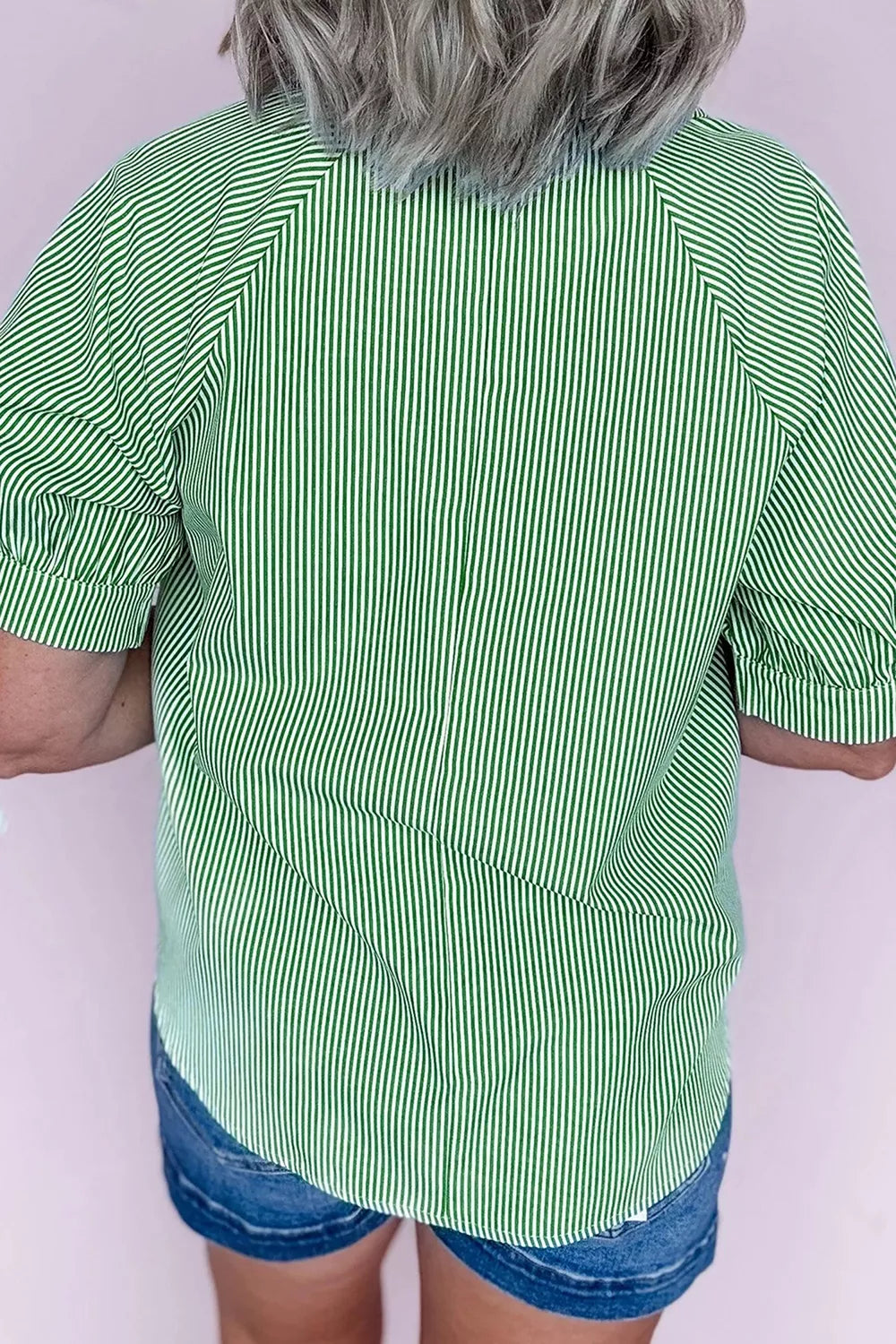 Striped Print Collared Split Neck Half Sleeve Blouse