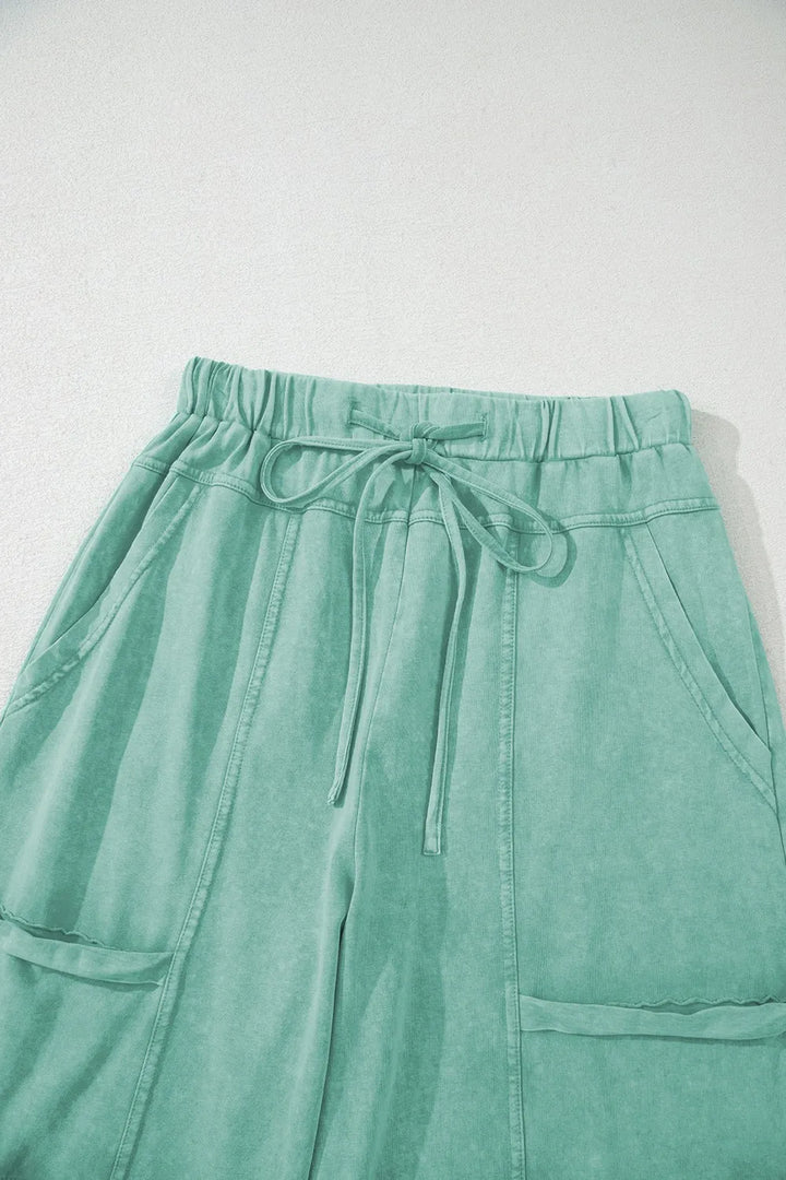 Mineral Wash Exposed Seam Drawstring High Waist Wide Leg Cargo Pants