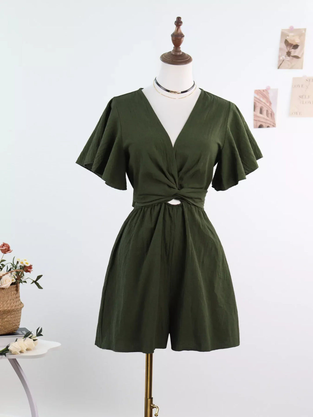 Tie Waist Flutter Sleeve Romper