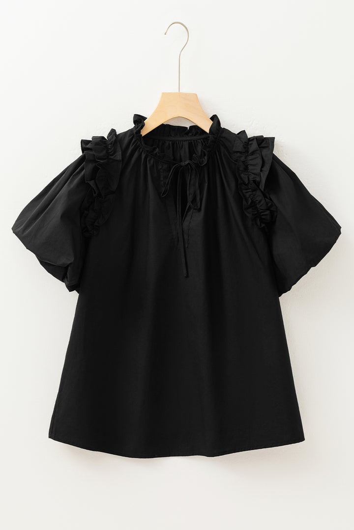 Black Ruffled Puff Short Sleeve Loose Blouse
