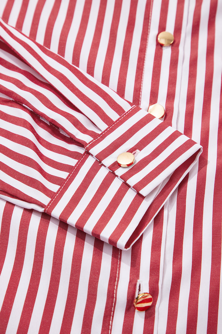 Red Stripe Patched Pocket Side Slit Loose Shirt