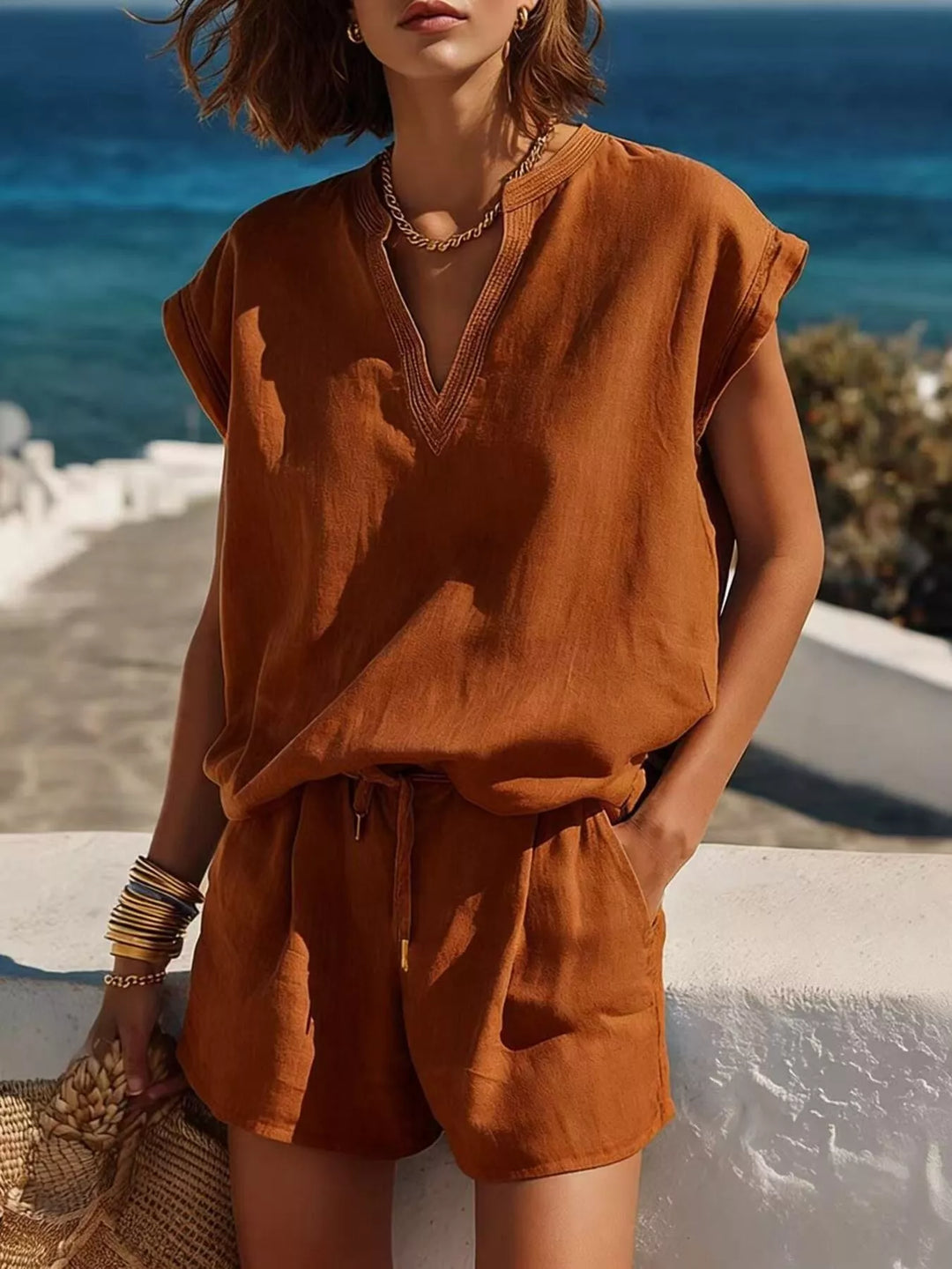 Full Size Notched Cap Sleeve Top and Shorts Set Plus Size