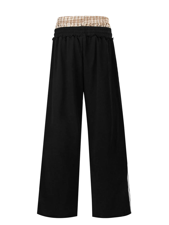 Men's Contrast Plaid Waistband Drawstring Wide Leg Pants