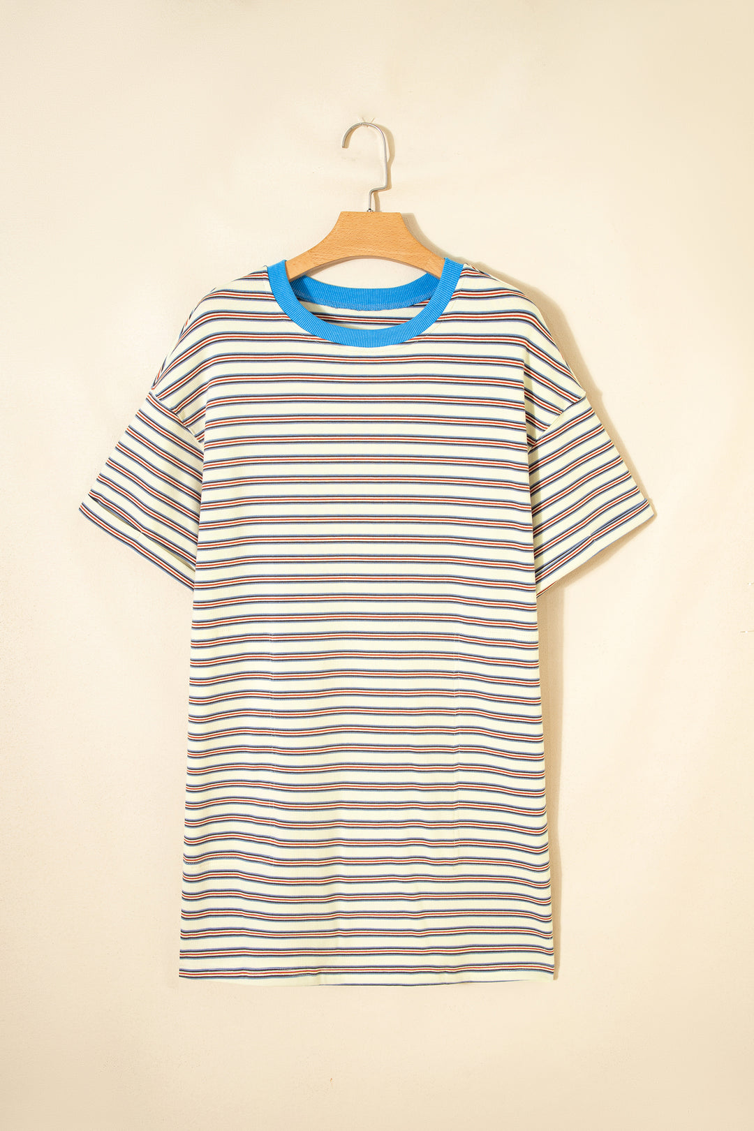 White Stripe Drop Shoulder Cuffed Sleeve Loose Tunic T Shirt Mini Dress