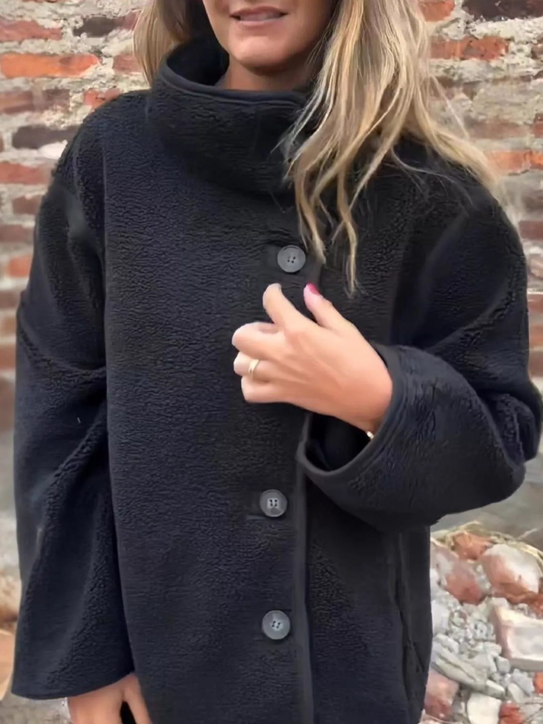 Full Size Button Up Long Sleeve Fleece Jacket Plus Size