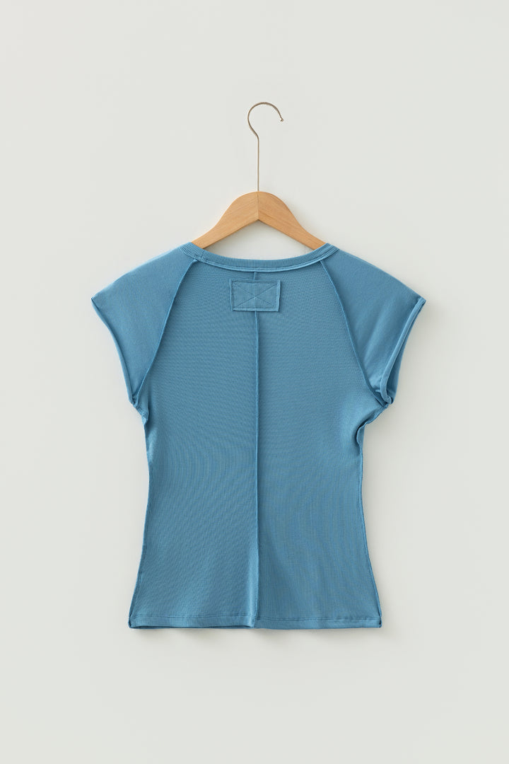 Peacock Blue Crew Neck Cap Sleeve Ribbed T Shirt