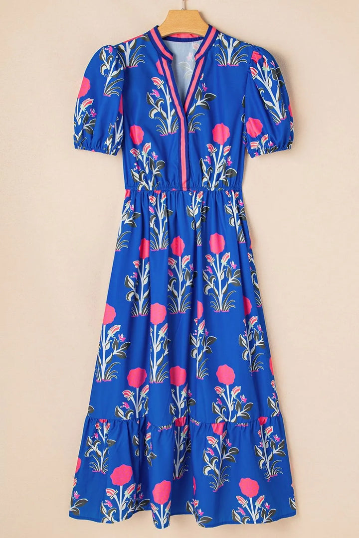 Floral Puff Short Sleeve Notched High Waist Dress