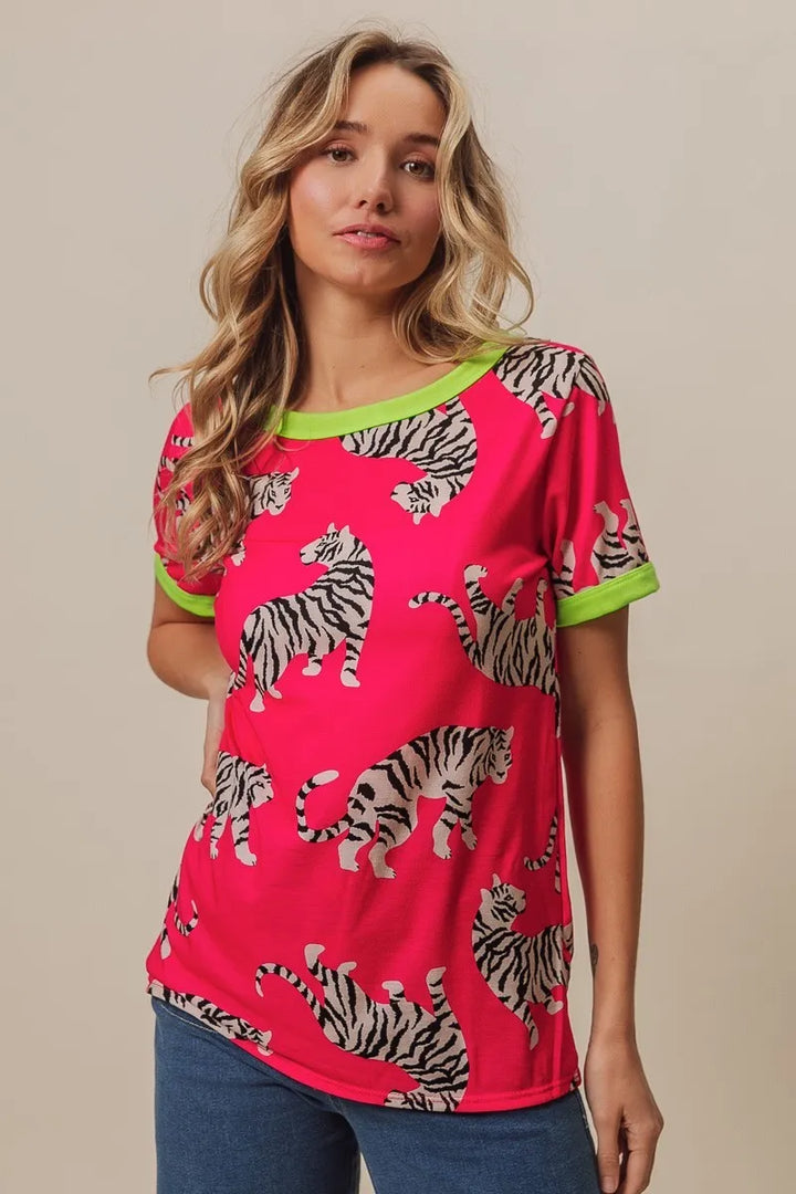 BiBi Big Tiger Print Jersey Contrast Ringer Top