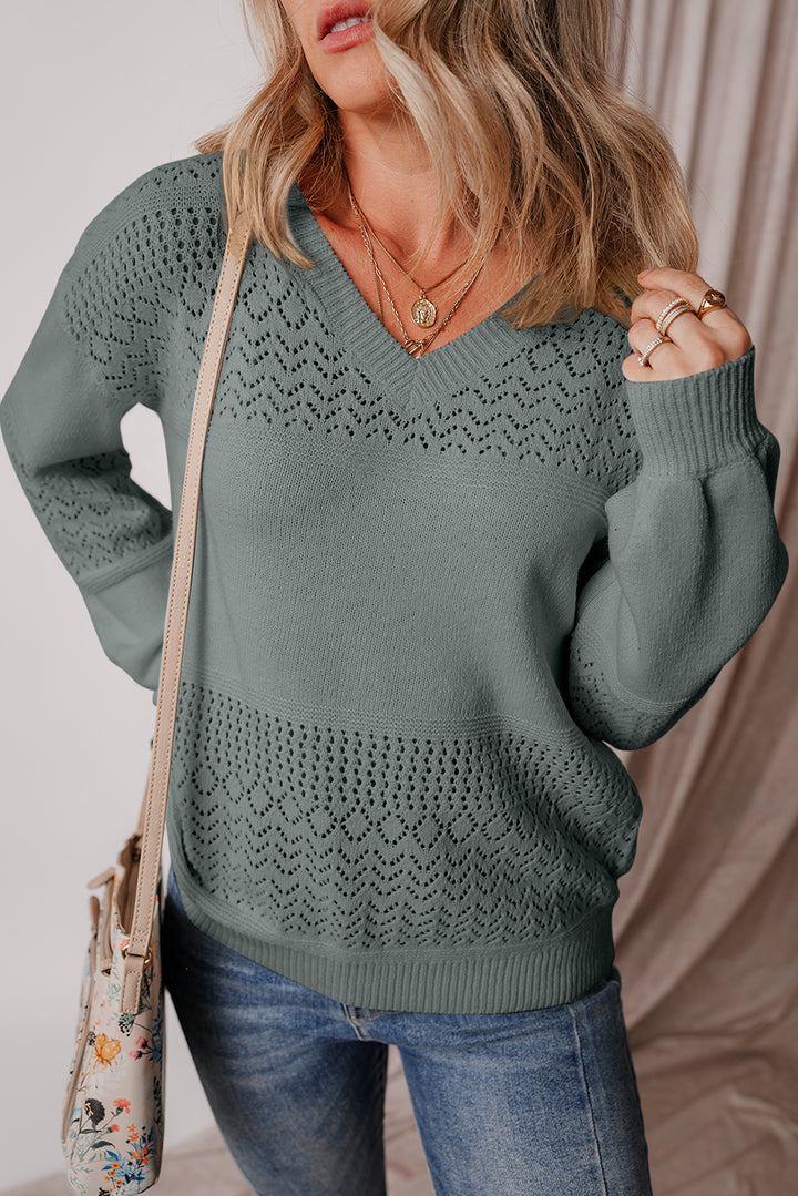 Mist Green Eyelet Pattern Detail V Neck Drop Shoulder Sweater
