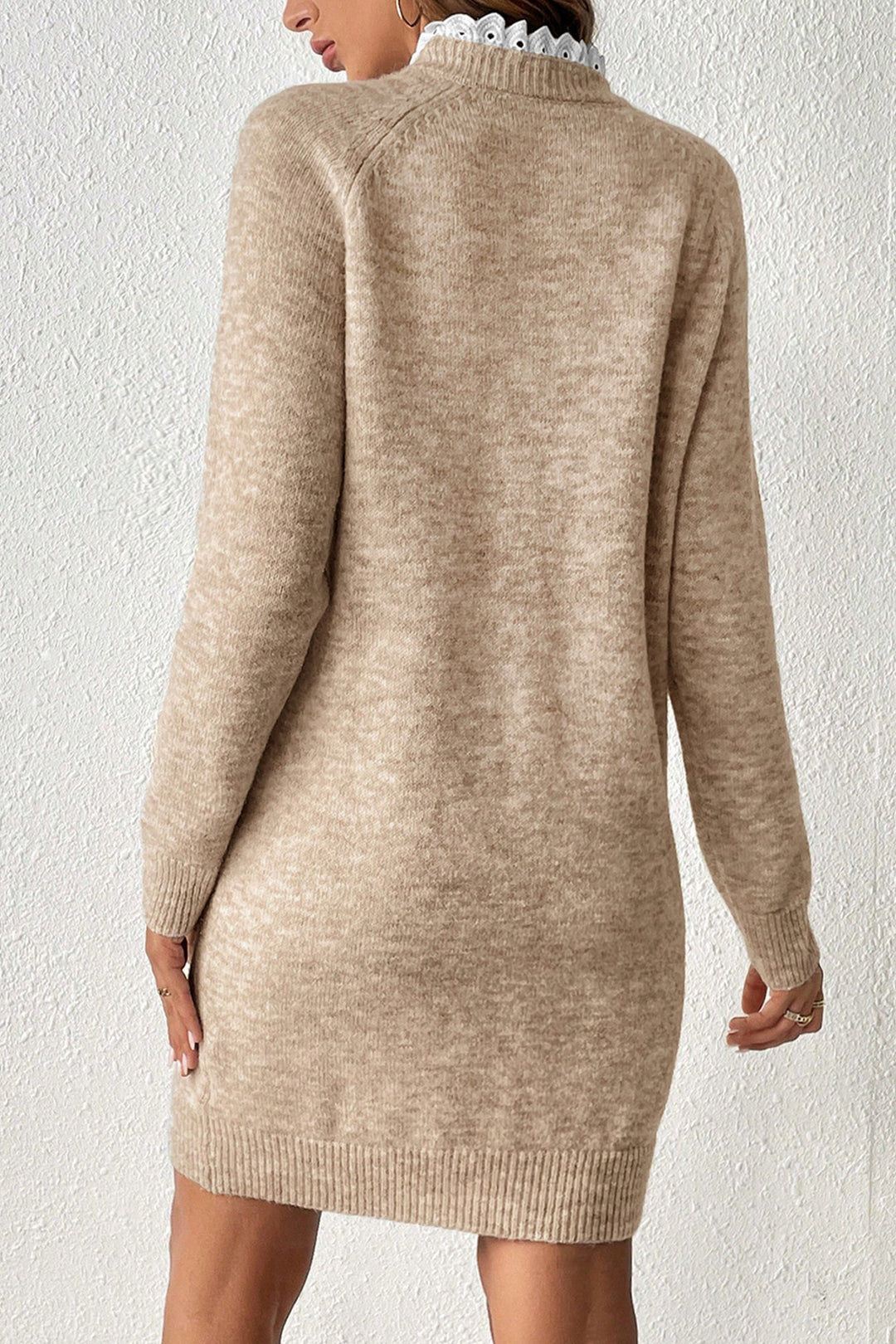 Parchment Button Lace Detail Raglan Sleeve Shift Mini Sweater Dress