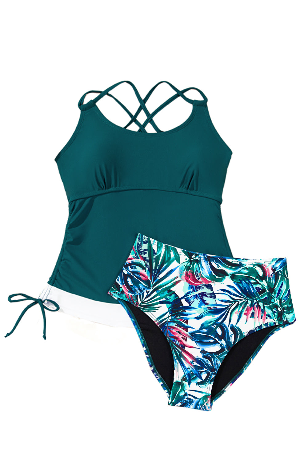 Sea Green Drawstring Tummy Control Mix-and-match 2pcs Tankini Swimsuit