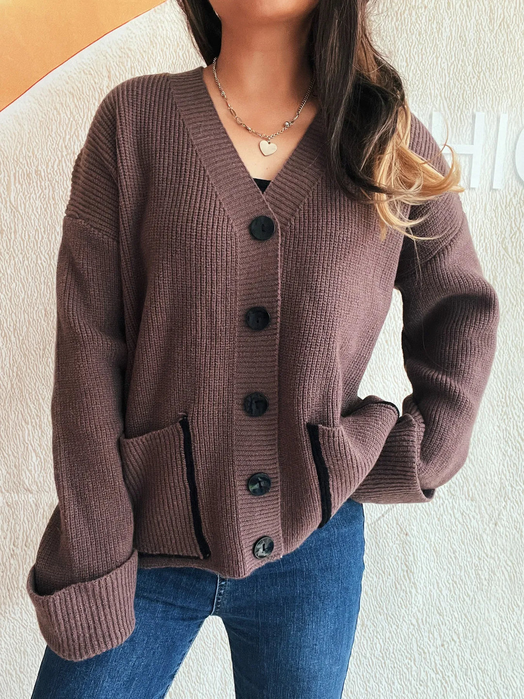 Button-Front Ribbed Cardigan with V-Neck