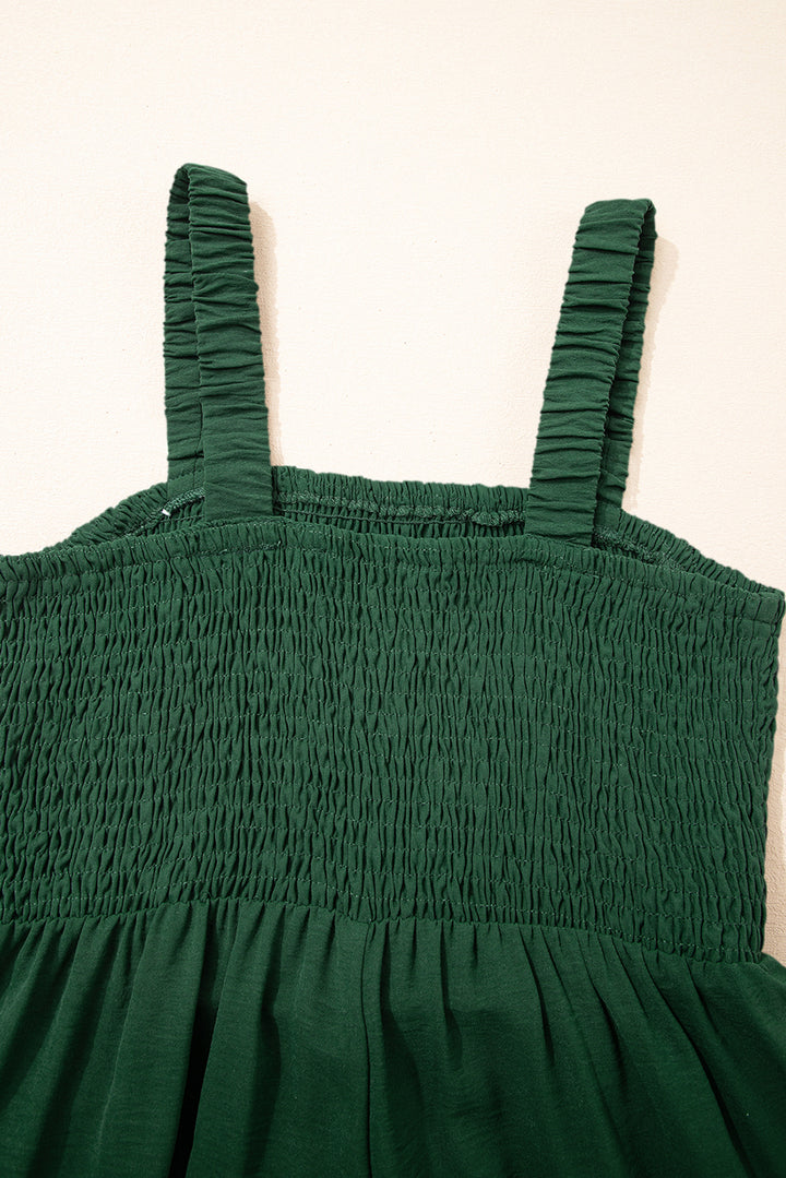 Green Smocked Sleeveless Wide Leg Jumpsuit with Pockets