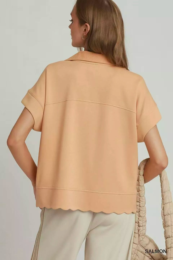 Umgee Half Zip Pullover with Scalloped Edge Hem