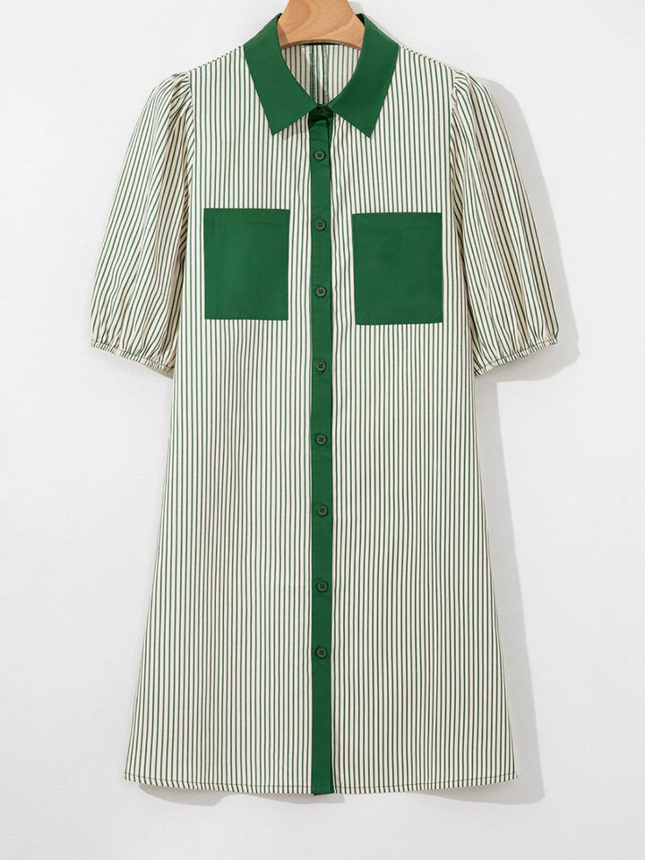 Stripe Color Block Patchwork Shirt Collar Button Down Puff Sleeve Mini Dress