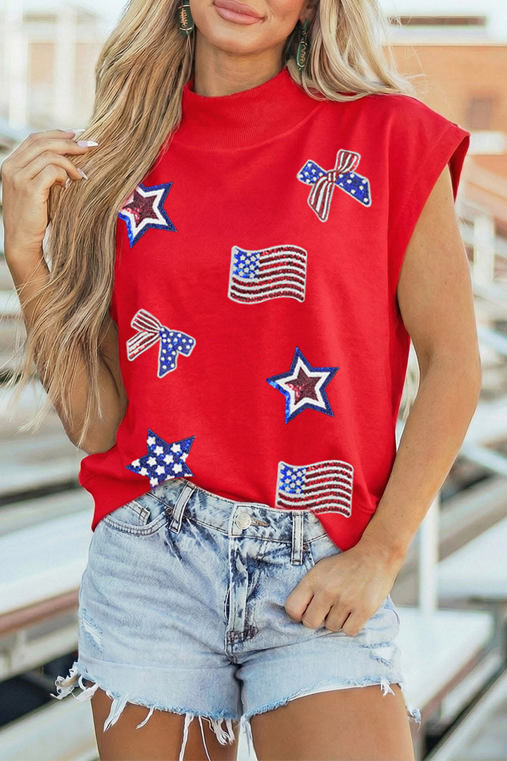 Racing Red Patriotic Sequin Graphic High Neck Short Sleeve Top