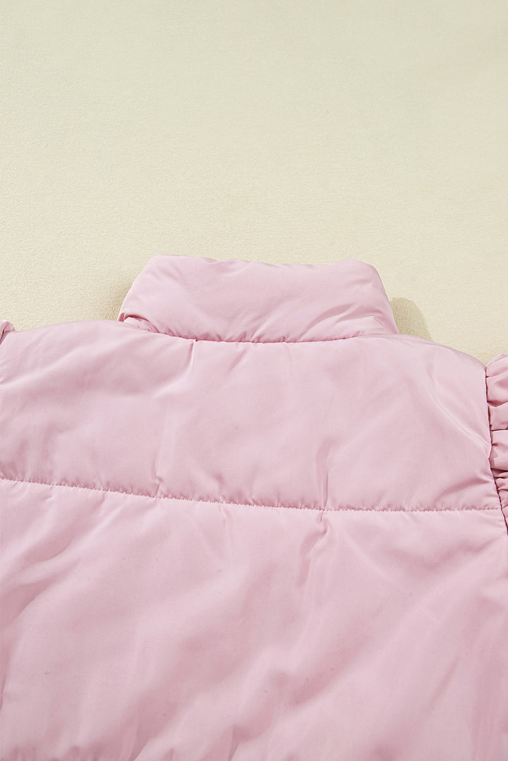 Pink Stand Neck Flutter Sleeve Snap Button Puffer Vest