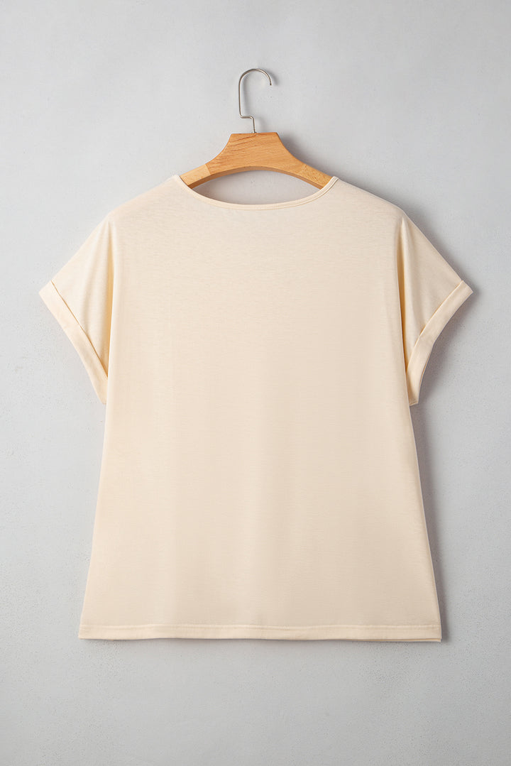 Parchment Lace Patchwork Short Sleeve Round Neck Plus Size Summer Top