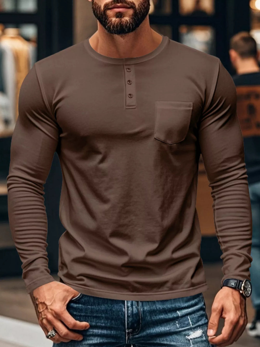 Men's Plus Size Casual Long Sleeve Henley T-Shirt with Pocket