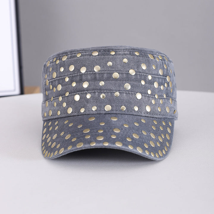 Men's And Women's Metal Rivet Decorated Washed And Distressed Material Flat-top Style Retro Punk Hat. Suitable For Daily Street Wear In School Settings.