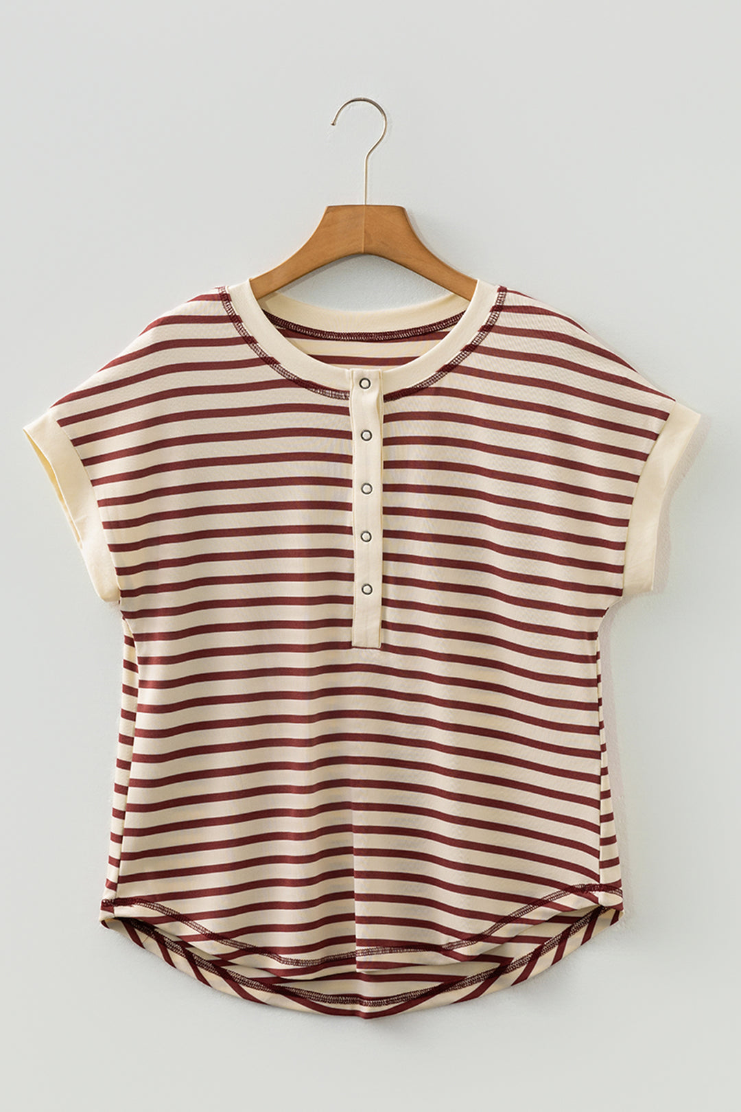 Red Stripe Half Buttons Round Neck T Shirt