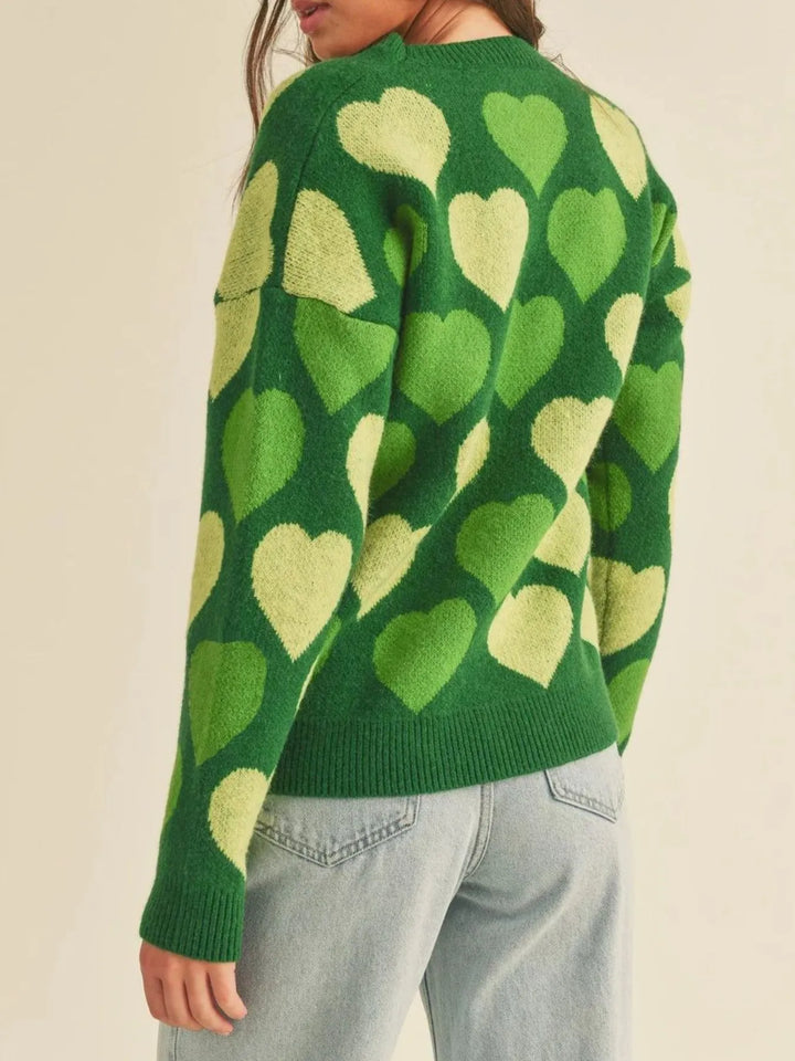 Heart Ribbed Hem Long Sleeve Sweater