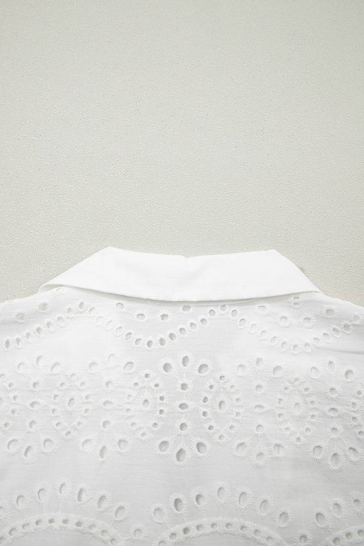 White Solid Color Eyelet Embroidered T Shirt Mini Dress