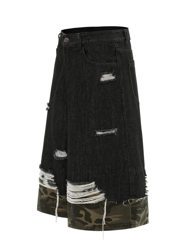 Men's Distressed Camo Trim Denim Bermuda Shorts