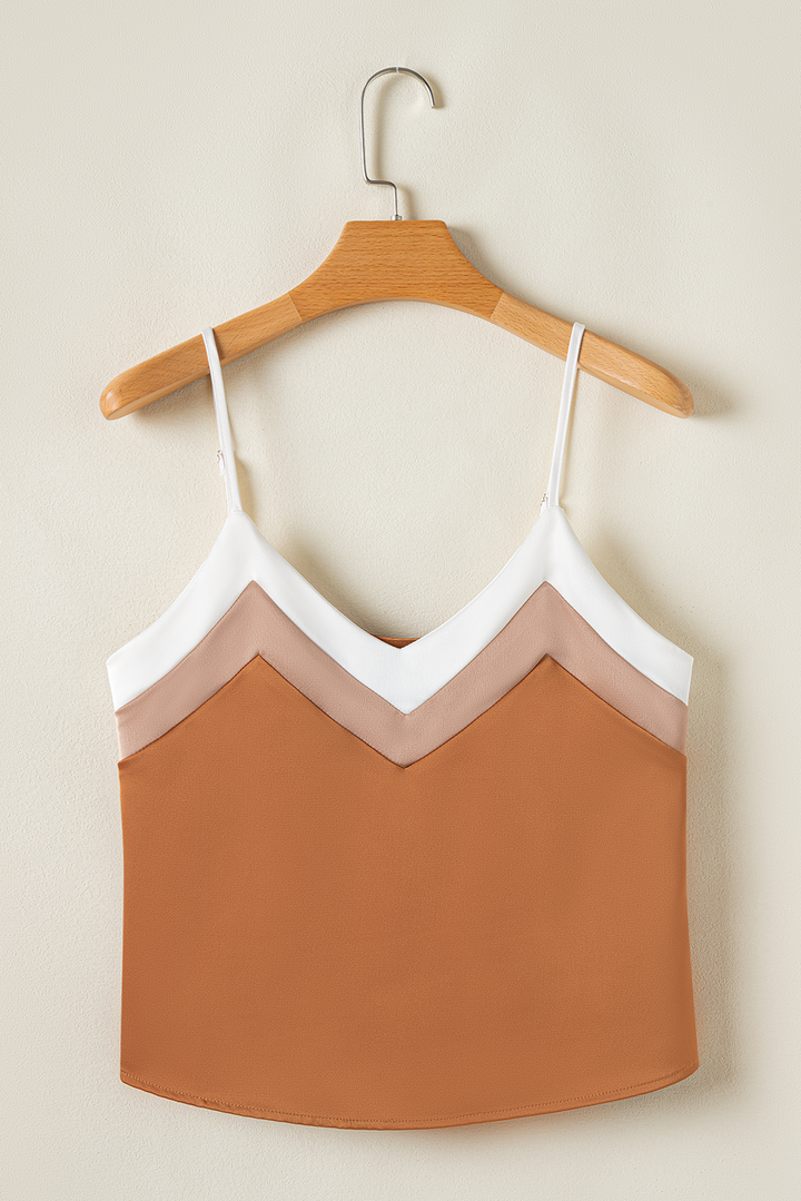 Khaki Chevron Color Block Spaghetti Straps Tank Top