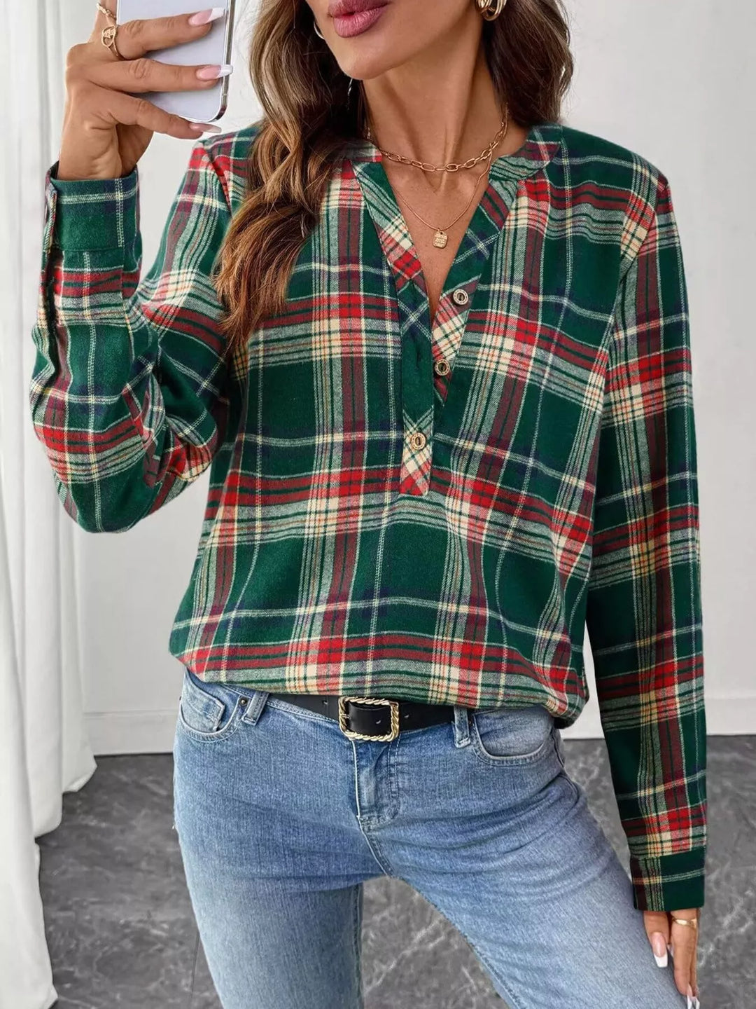 Plaid Half Button Long Sleeve Blouse