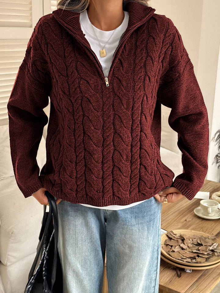 Zip Collar Cable-Knit Sweater