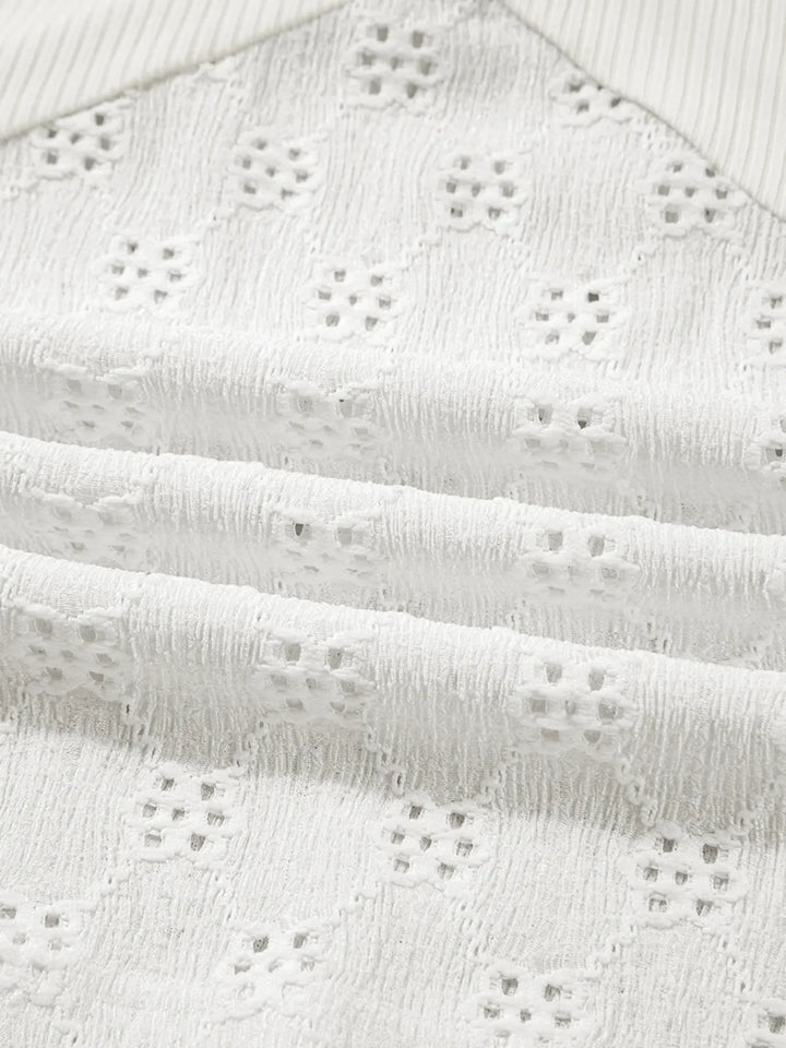 Eyelet Embroidered Loose V Neck Long Sleeve Top