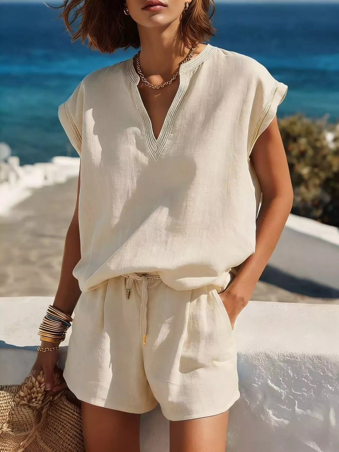 Full Size Notched Cap Sleeve Top and Shorts Set Plus Size