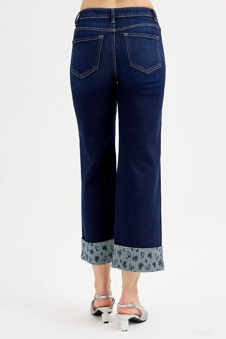 RISEN Full Size Mid Rise Fit Crop Wide With Printed Cuff Jeans Plus Size