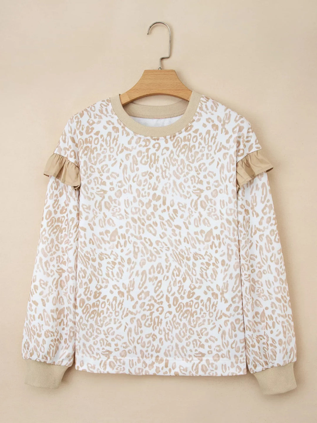 Leopard Ruffle Detail Ribbed Trim Round Neck Sweatshirt