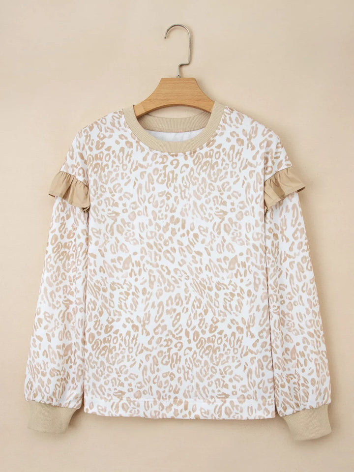 Leopard Ruffle Detail Ribbed Trim Round Neck Sweatshirt