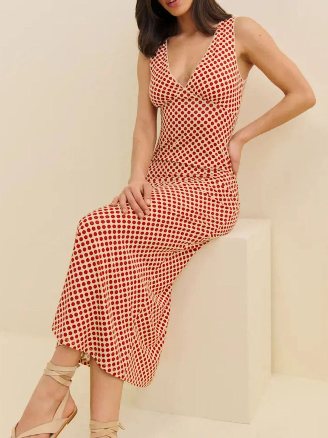 Polka Dot V-Neck Sleeveless Dress