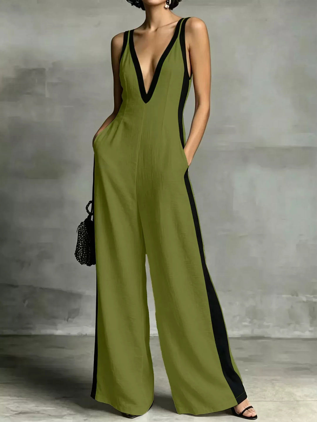 Deep V-Neck Wide-Leg Jumpsuit with Contrast Trim