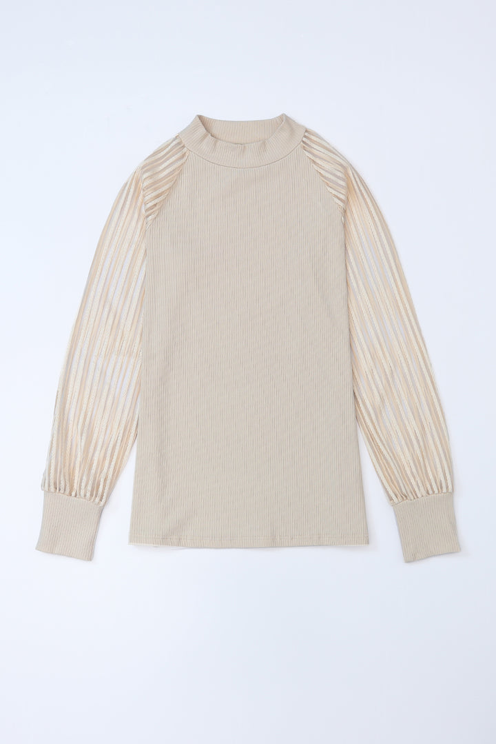 Apricot Striped Mesh Long Sleeve Crewneck Ribbed Top