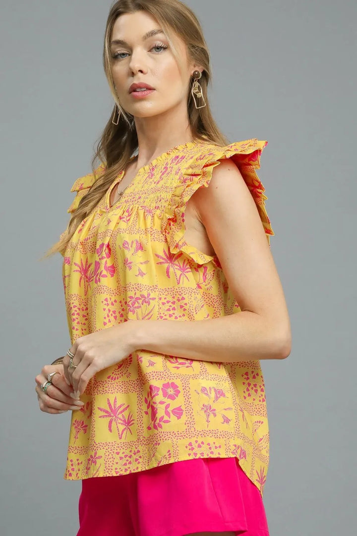 Umgee Printed Ruffle Cap Sleeve Blouse