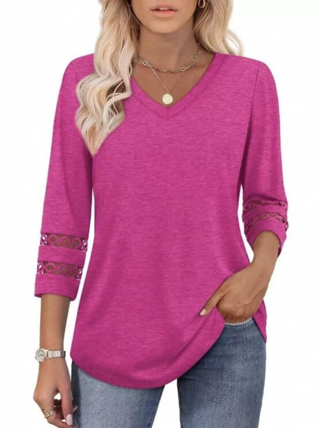 Full Size V-Neck 3/4 Sleeve T-Shirt Plus Size