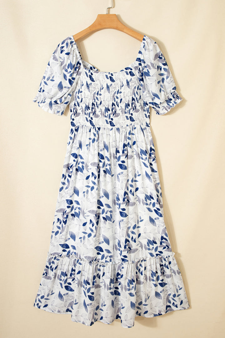 Sky Blue Smocked Bodice Short Puff Sleeve Tiered Floral Midi Dress